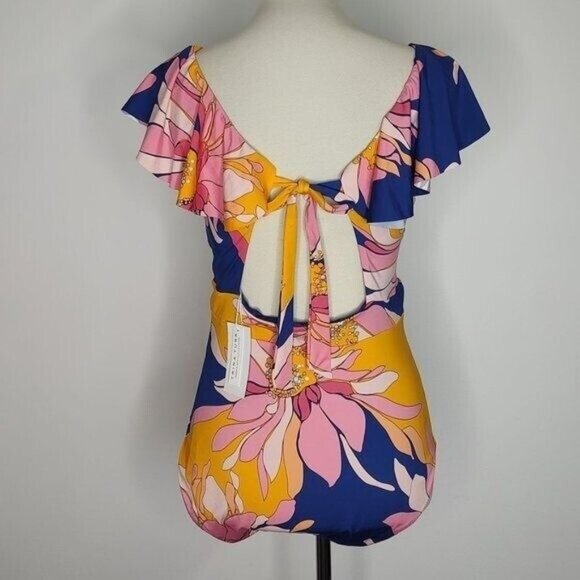 Trina Turk  One Piece Swimsuit 14 Breeze Ruffle V-Neck Plunge Tropical NEW - Picture 7 of 9